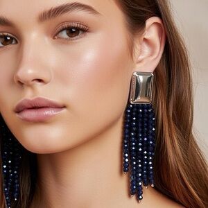 Open Edit Sapphire Blue Beaded Fringe Clip-On Drop Earrings 3.5” Statement